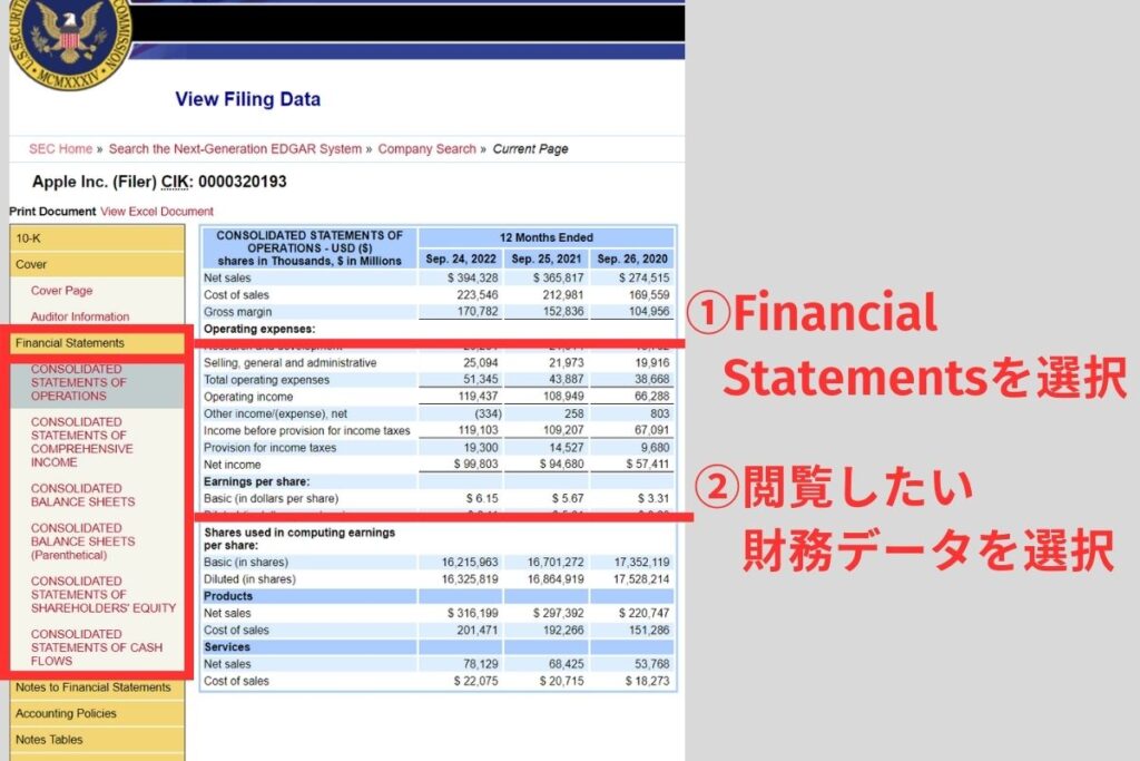 「Financial Statements」を選択